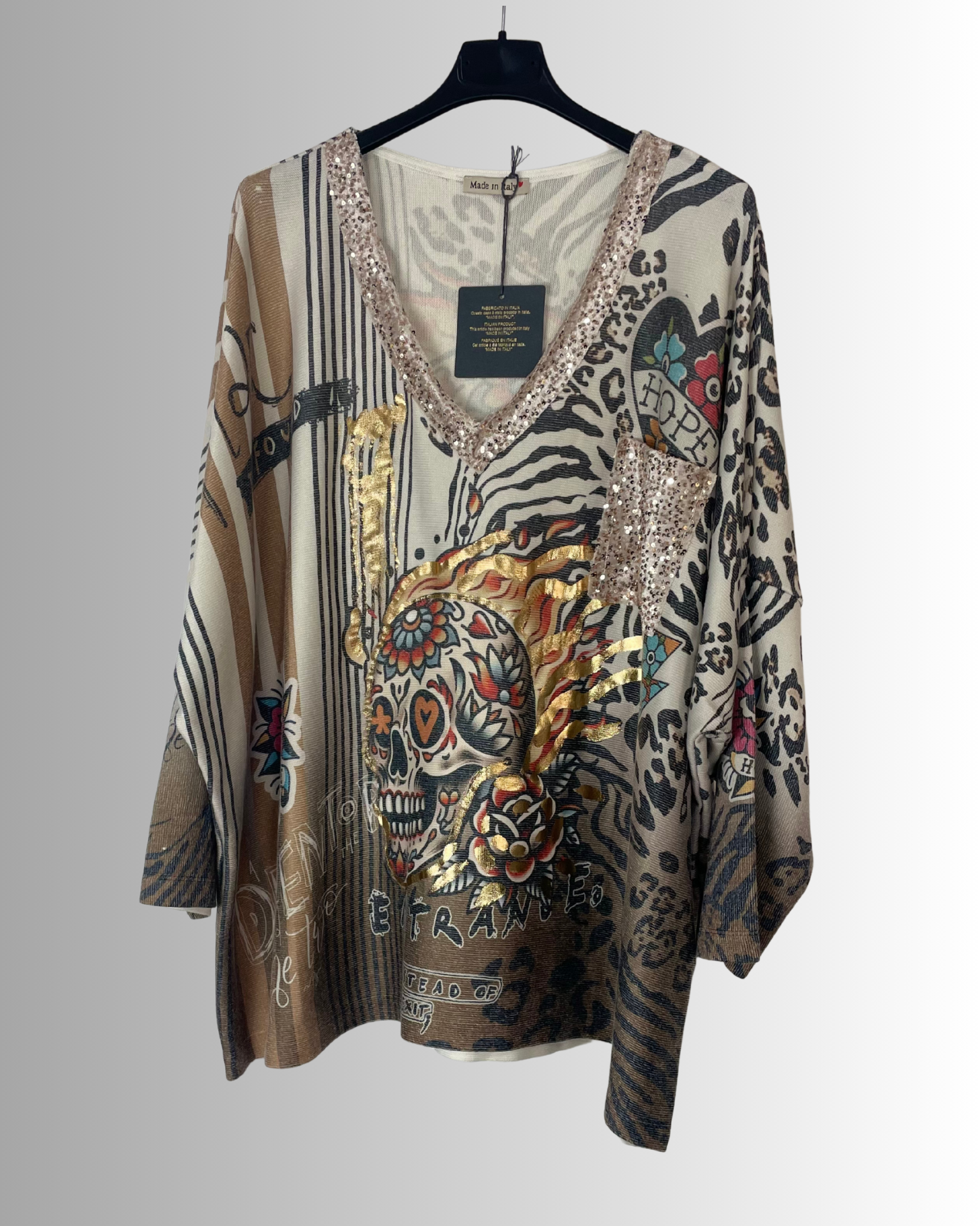 Pull Calavera d’Or femme motif tête de mort dorée, col V pailleté – face avant