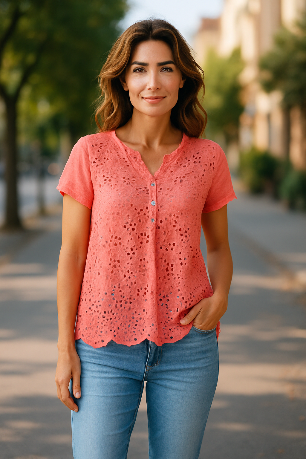 ✨ Tee-Shirt Corail Fluo – Broderie Anglaise & Sequins Scintillants 🌟