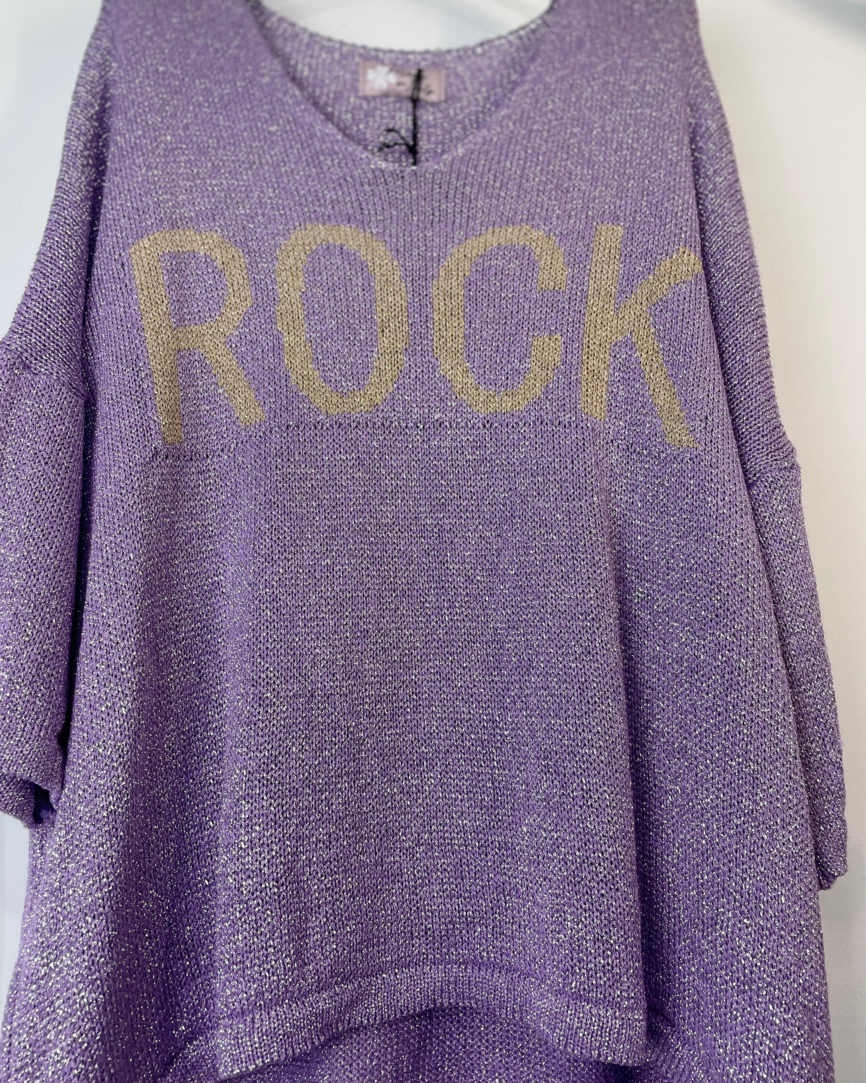Pull Rock’n Soft femme parme avec inscription ROCK dorée – manches 3/4 coupe fluide italienne