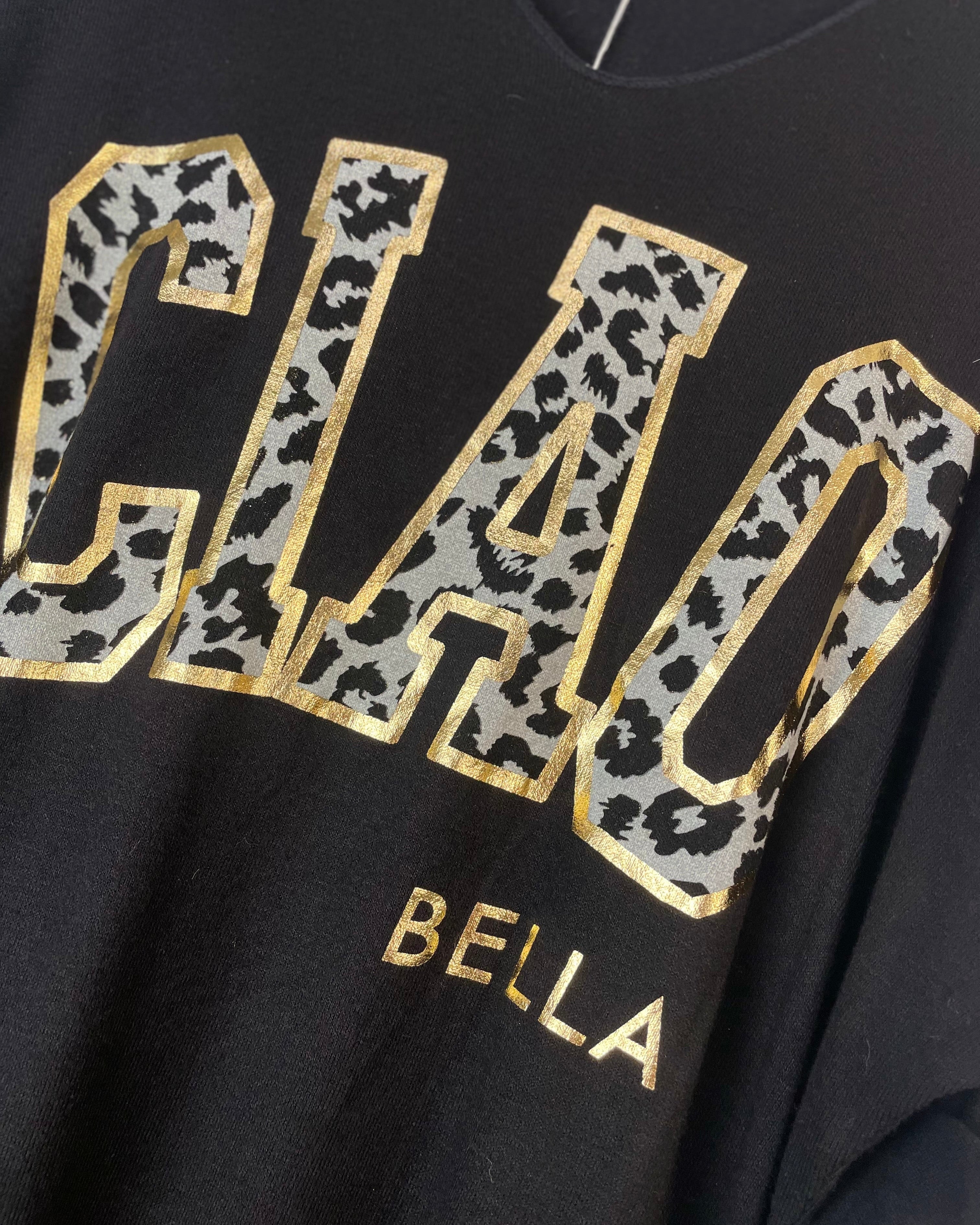 details Pull Ciao Bella femme noir manches longues inscription dorée et léopard