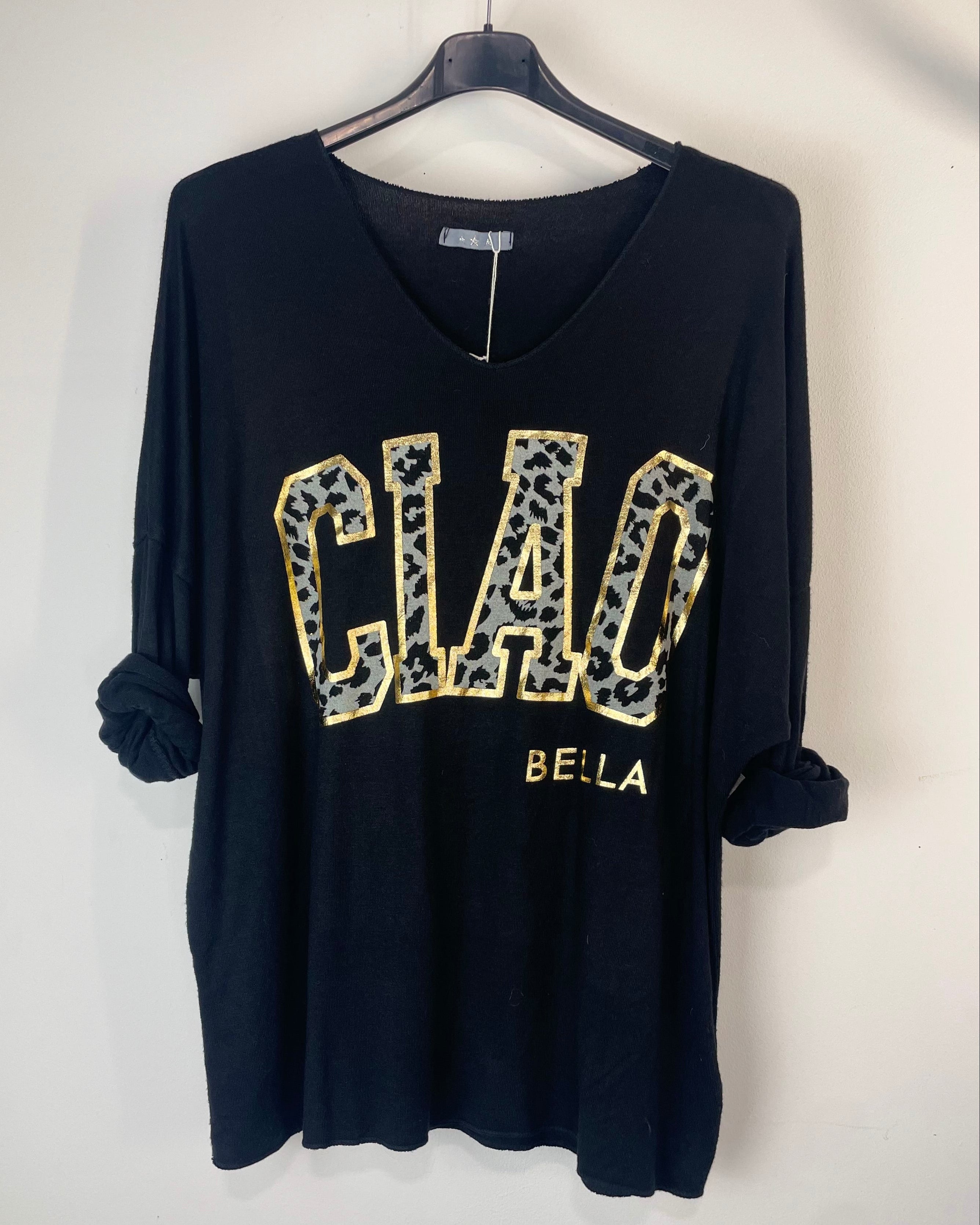Pull Ciao Bella femme noir manches longues inscription dorée et léopard – mode italienne