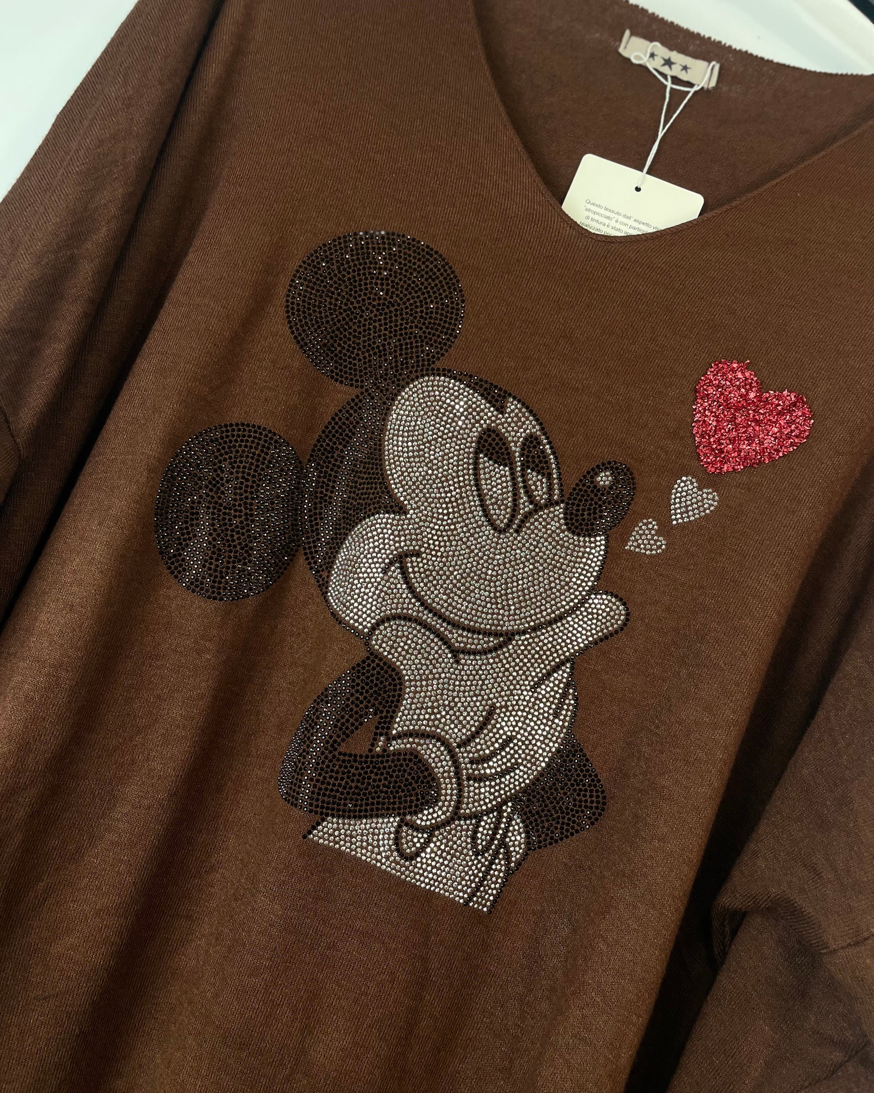 Pull Mickey motif Mickey à strass et cœur rouge brillant