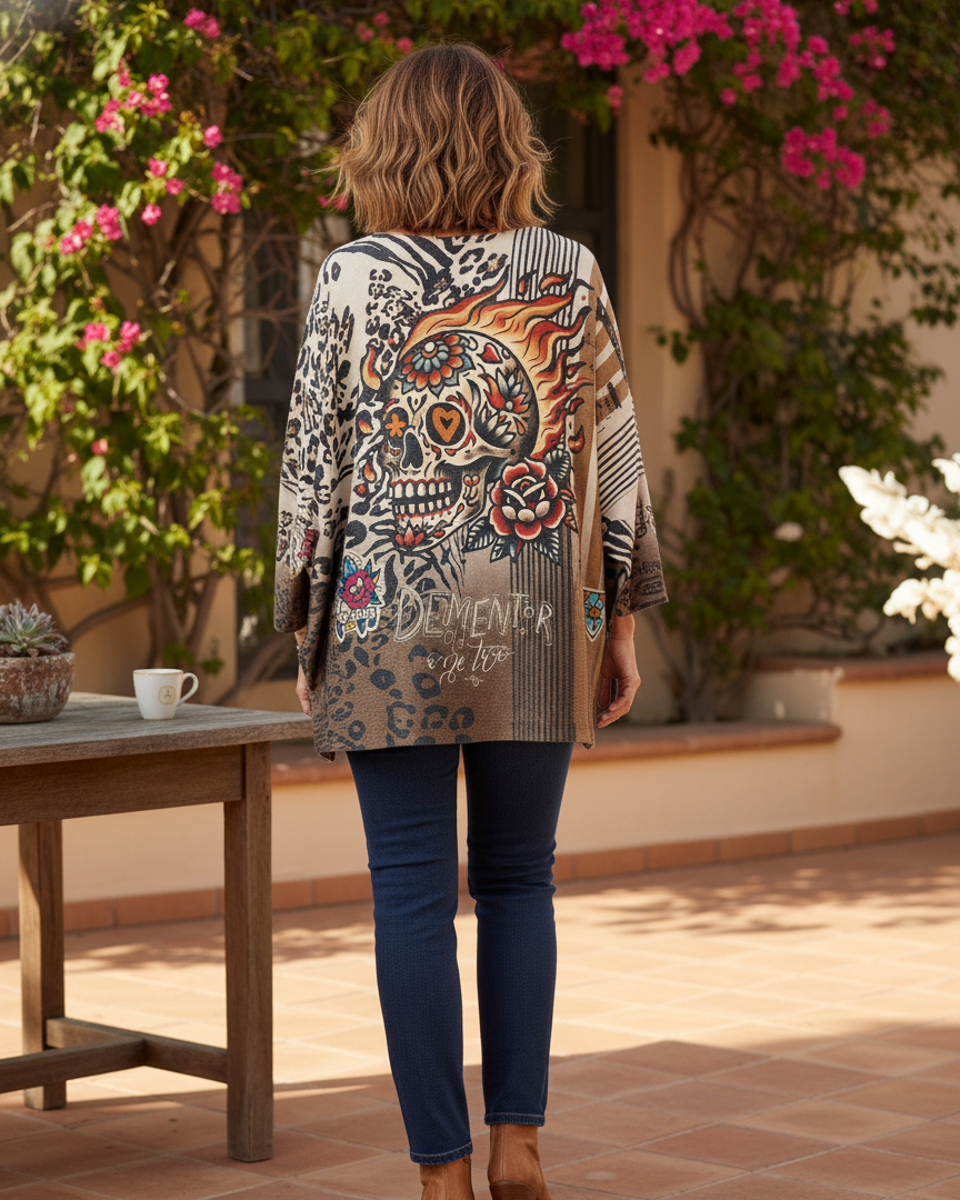 Pull Calavera d’Or femme motif tête de mort dorée, col V pailleté – face arriere