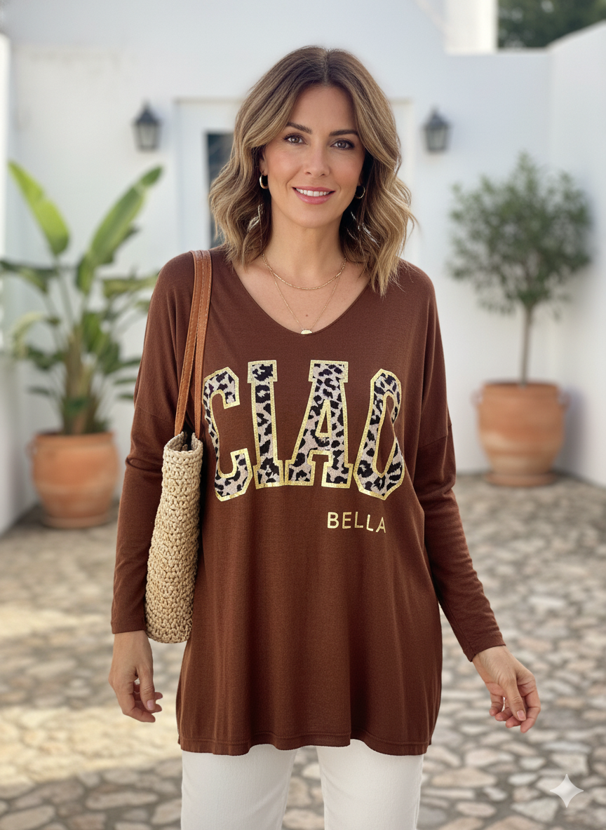 Pull Ciao Bella femme chocolat manches longues inscription dorée et léopard – mode italienne