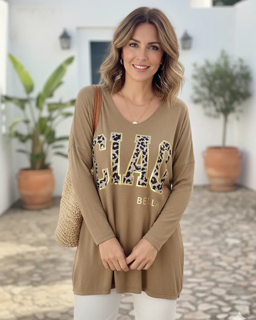 Pull Ciao Bella femme camel manches longues inscription dorée et léopard – mode italienne