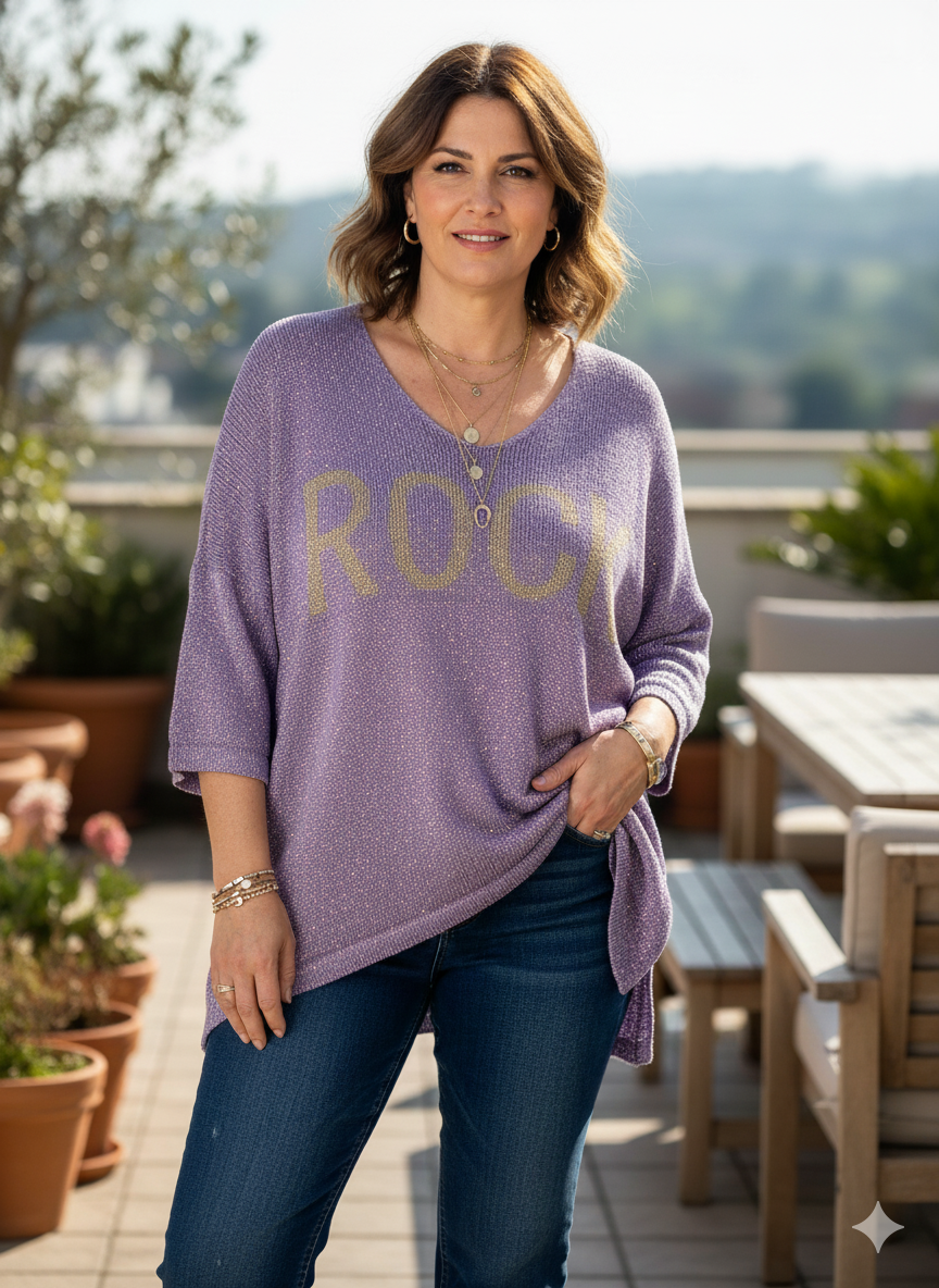 Pull Rock’n Soft femme parme avec inscription ROCK dorée – manches 3/4 coupe fluide italienne