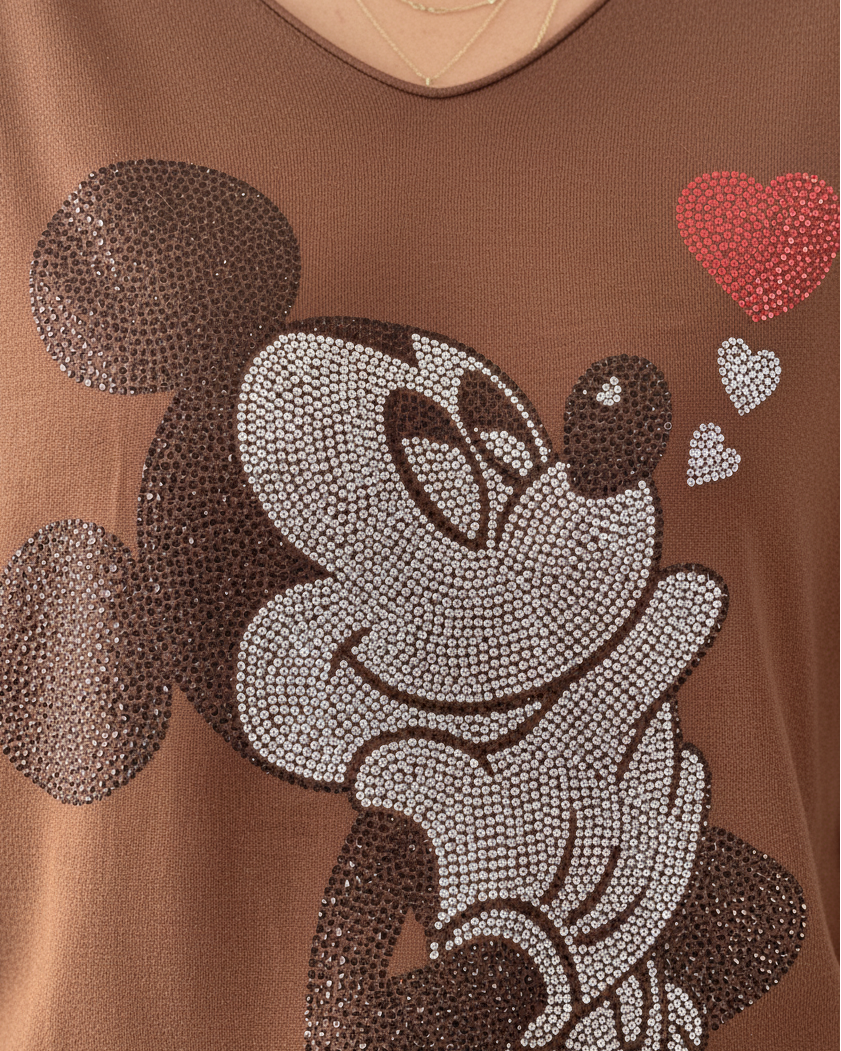 Pull Mickey Love femme marron avec motif Mickey à strass et cœur rouge brillant – mode italienne