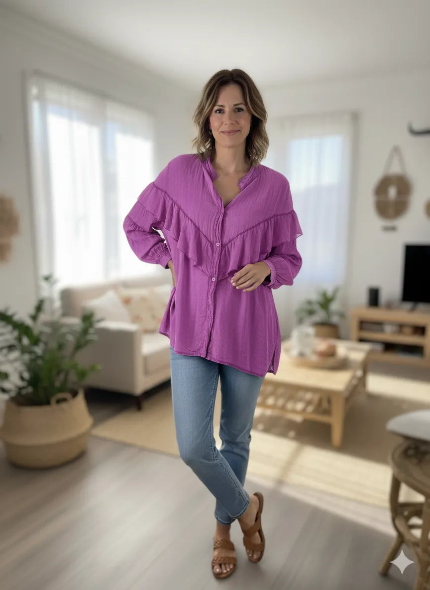 Chemise Livia femme magenta à volants, coupe ample et fluide en coton, made in Italy