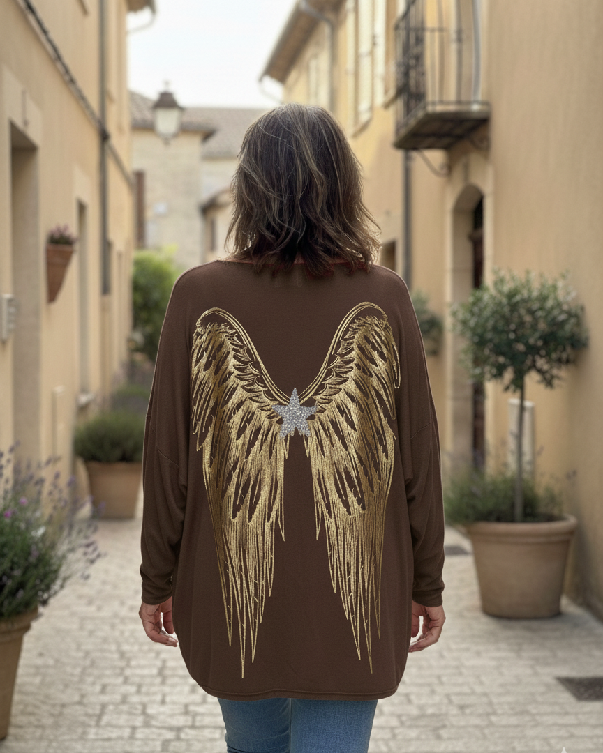 Pull femme oversize chocolat orné d’ailes dorées