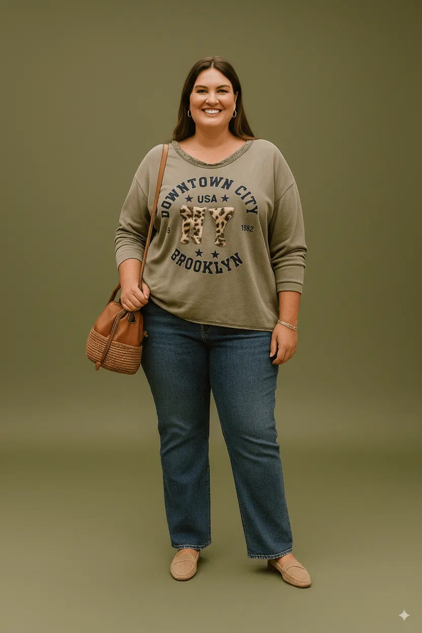 Sweat oversize femme NY léopard, coupe ample, col V dentelle, Made in Italy