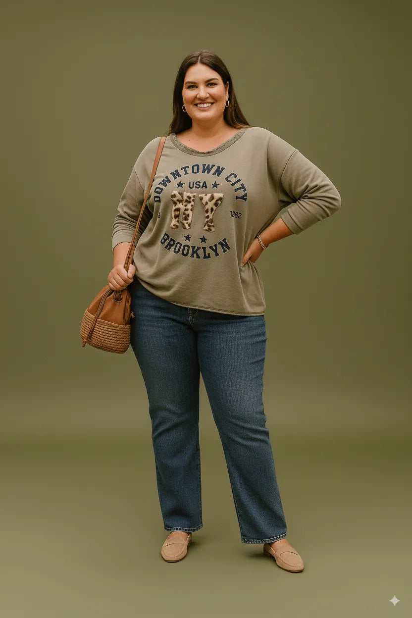 Sweat oversize femme NY léopard, coupe ample, col V dentelle, Made in Italy