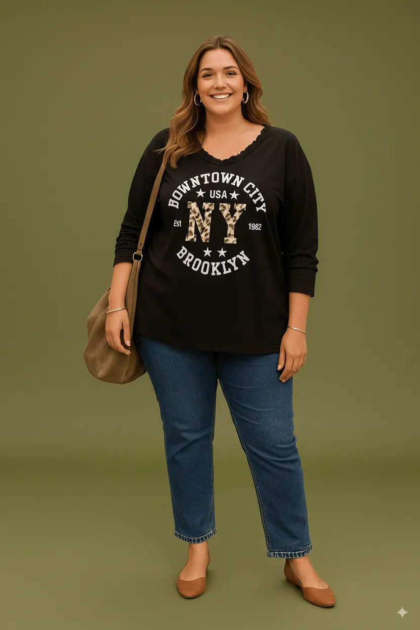 Sweat oversize femme NY léopard, coupe ample, col V dentelle, Made in Italy