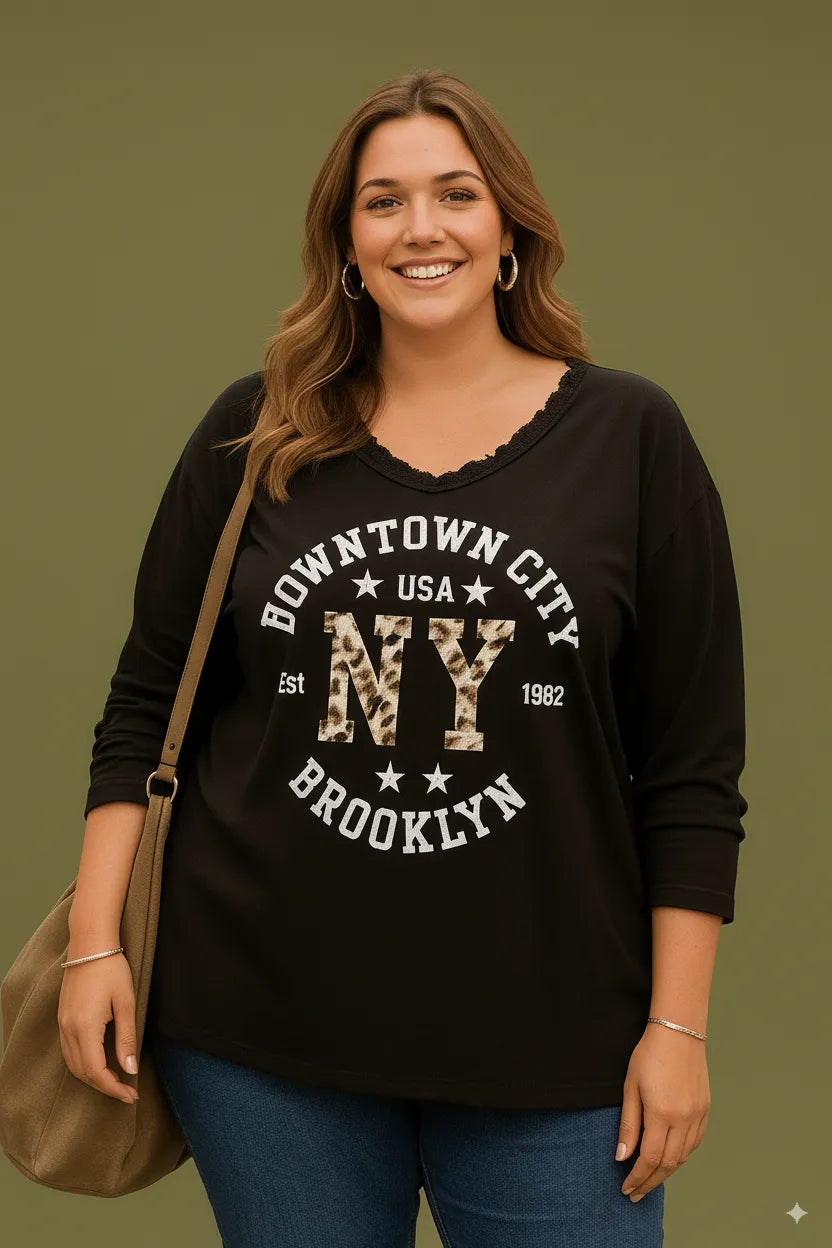 Sweat oversize femme NY léopard, coupe ample, col V dentelle, Made in Italy