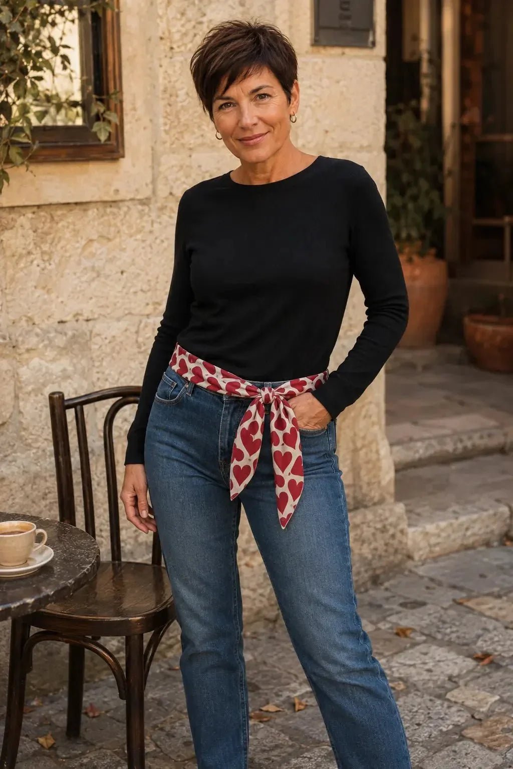 Foulard femme 90x90 porté en ceinture sur un jean – idée style Mam’s Ailes