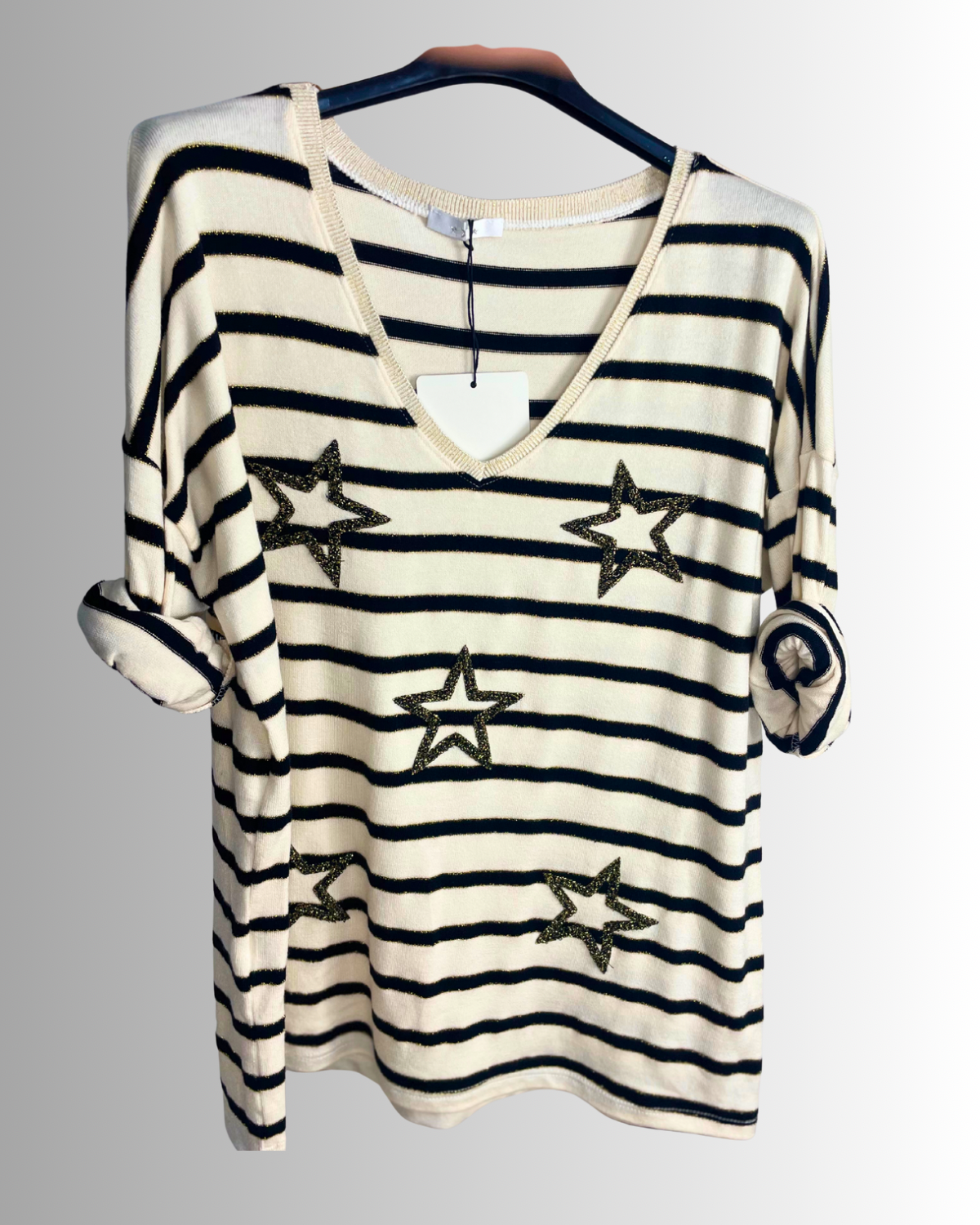 Pull marinière femme avec étoiles scintillantes lurex, col V, fabriqué en Italie