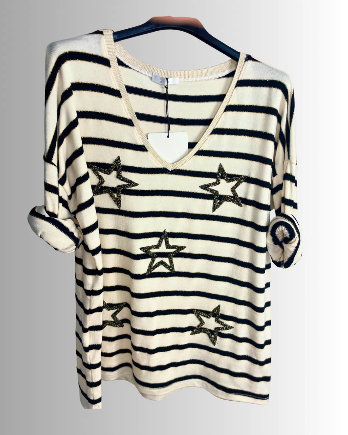 Pull marinière femme avec étoiles scintillantes lurex, col V, fabriqué en Italie