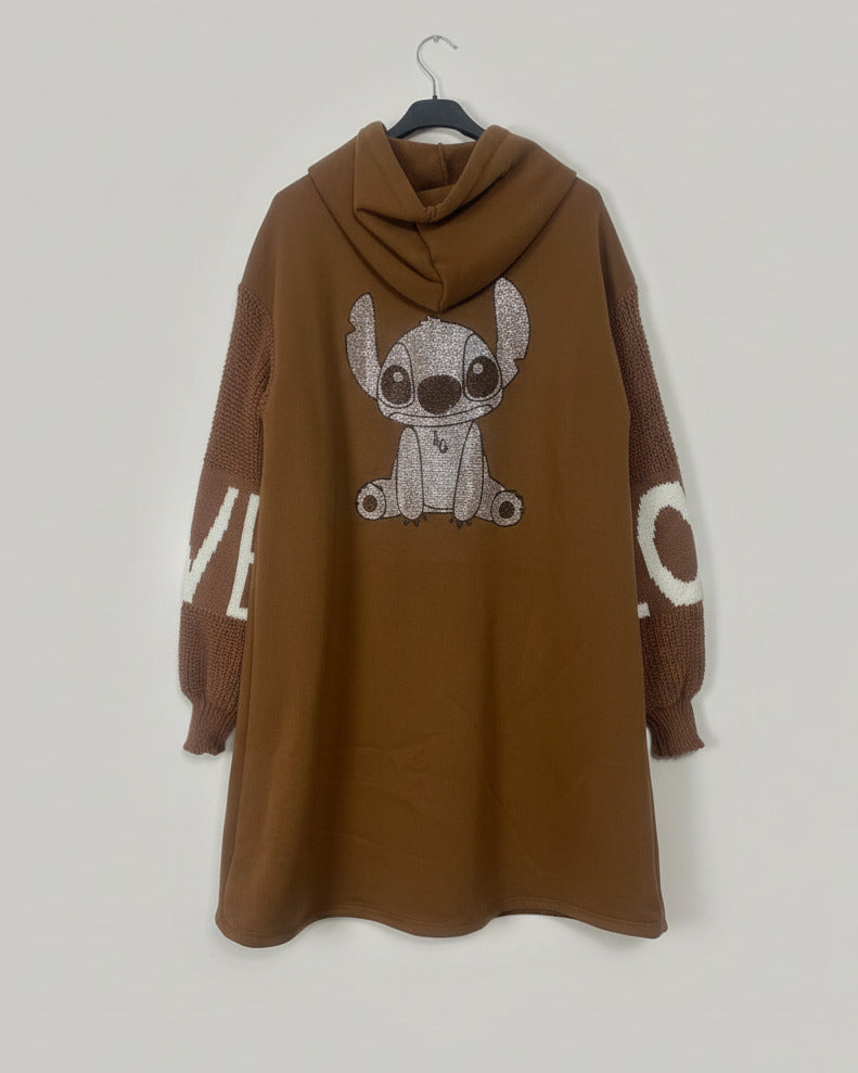 Veste longue à capuche imprimé Stitch et manches maille LOVE