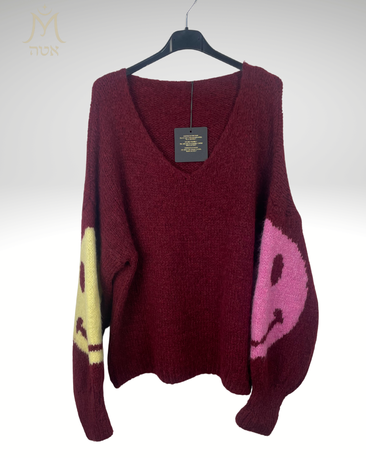 Pull grosse maille bordeaux avec smiley sur manches – Mam’sailes