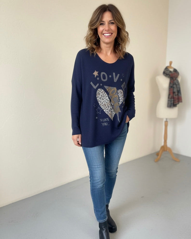 Pull Love Rocks cœur léopard message fun – 30% angora Made in Italy
