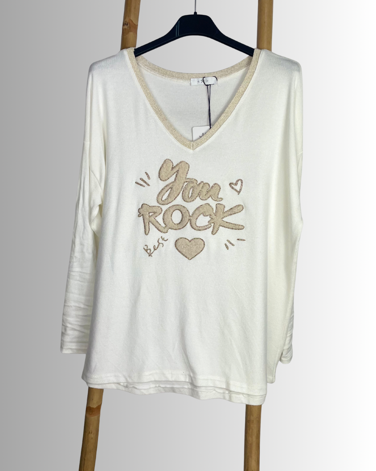 Pull blanc femme inscription You Rock avec paillettes dorées au col – taille unique 36-46