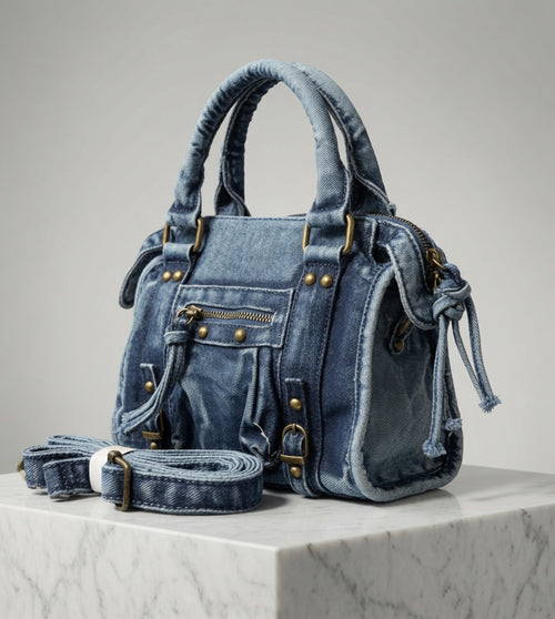 Sac en jean Andrea Massi porté main avec effet denim vintage