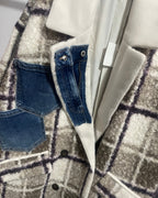 Détail empiècement jean col manteau S.Woman carreaux beige