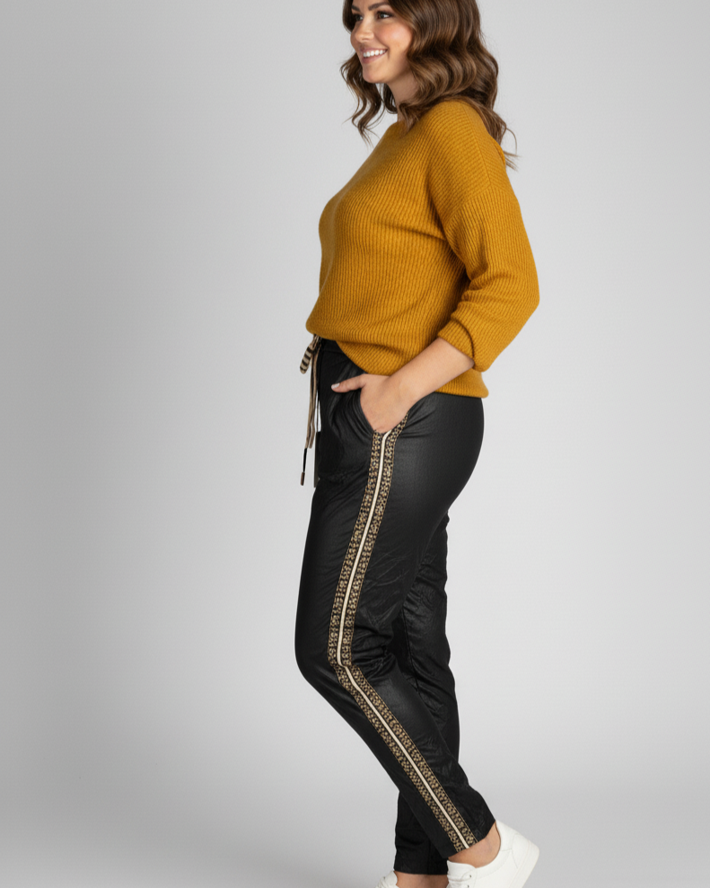 Pantalon femme noir à bandes léopard latérales – taille élastique 36-46 made in Italy