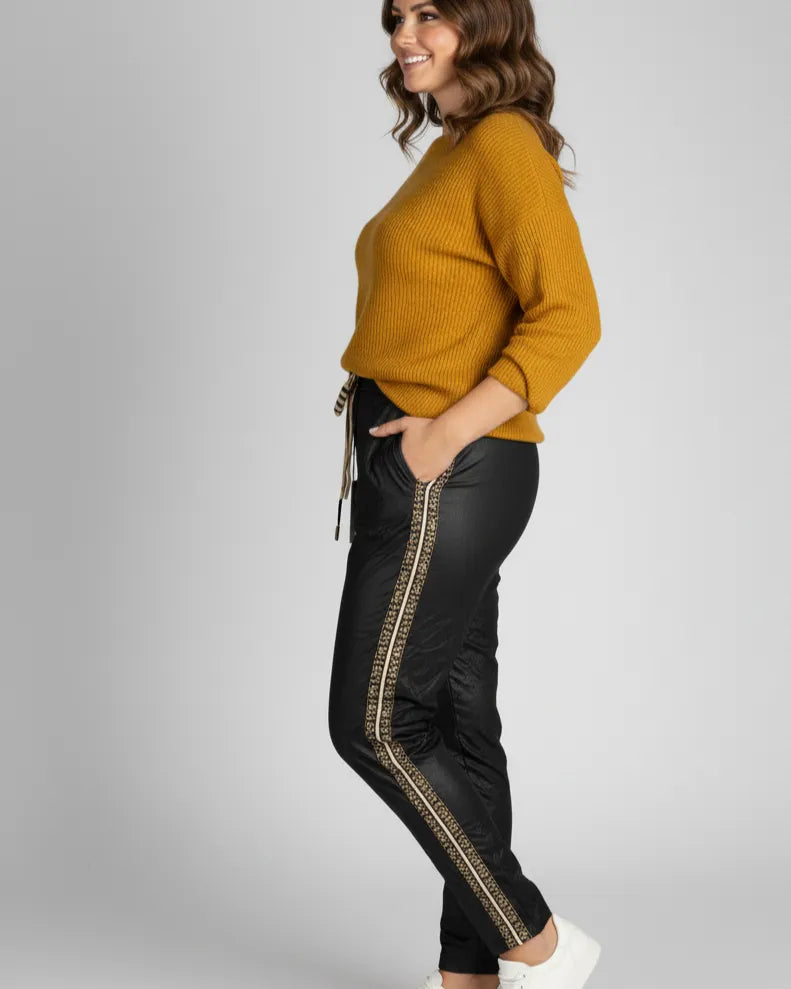Pantalon femme noir à bandes léopard latérales – taille élastique 36-46 made in Italy