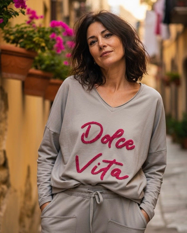Haut Dolce Vita taupe – inscription fuchsia – Mam’sailes