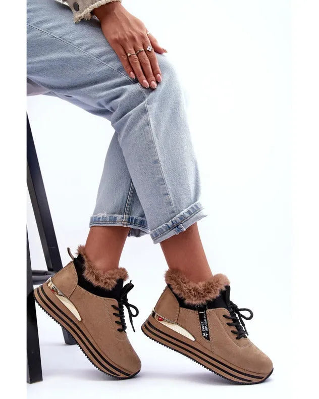 Baskets femme double matière marron avec intérieur fourré et semelle dorée – tendance automne hiver