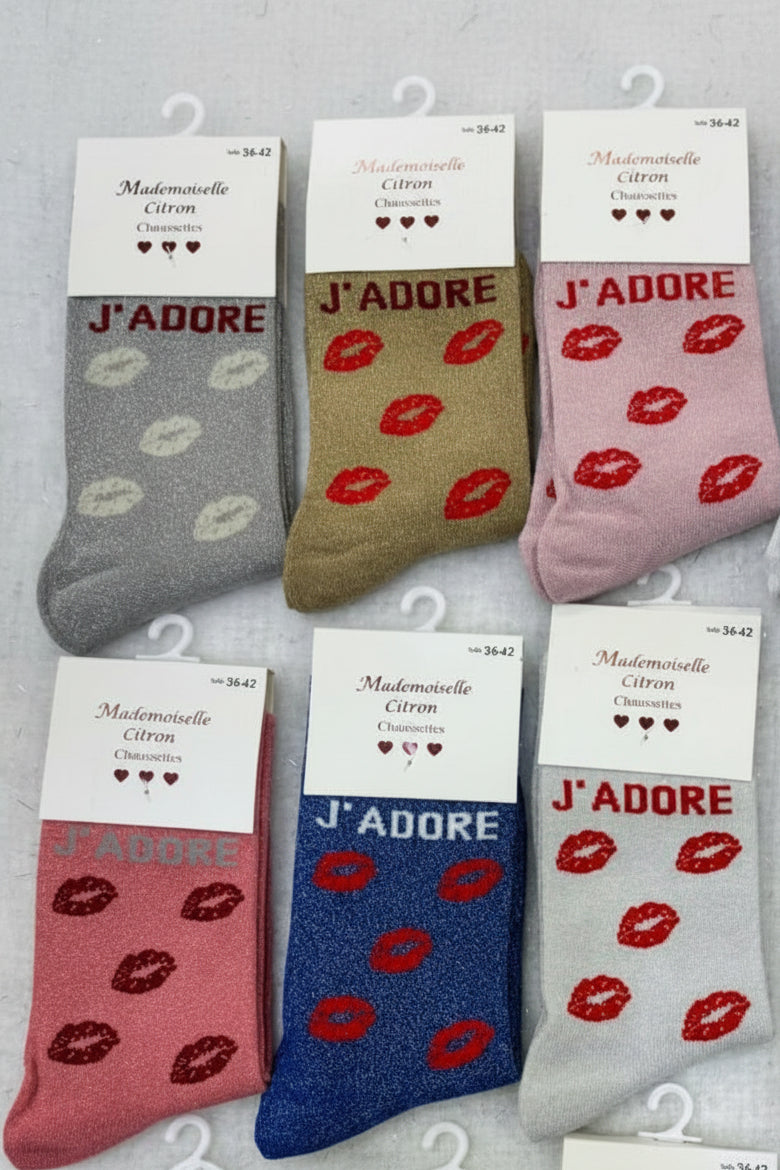 Chaussettes J'adore bisous paillettes 60% coton – 36-42 – 12 coloris
