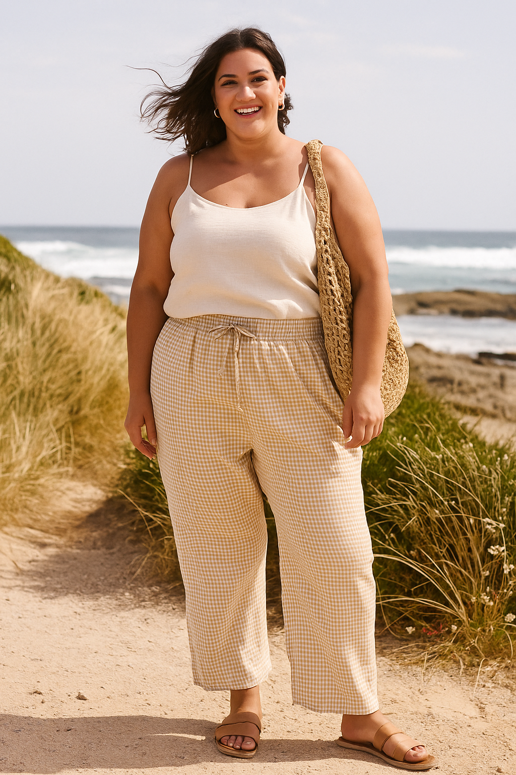 Pantalon large Vichy coton femme porté de face – Mam’s Ailes