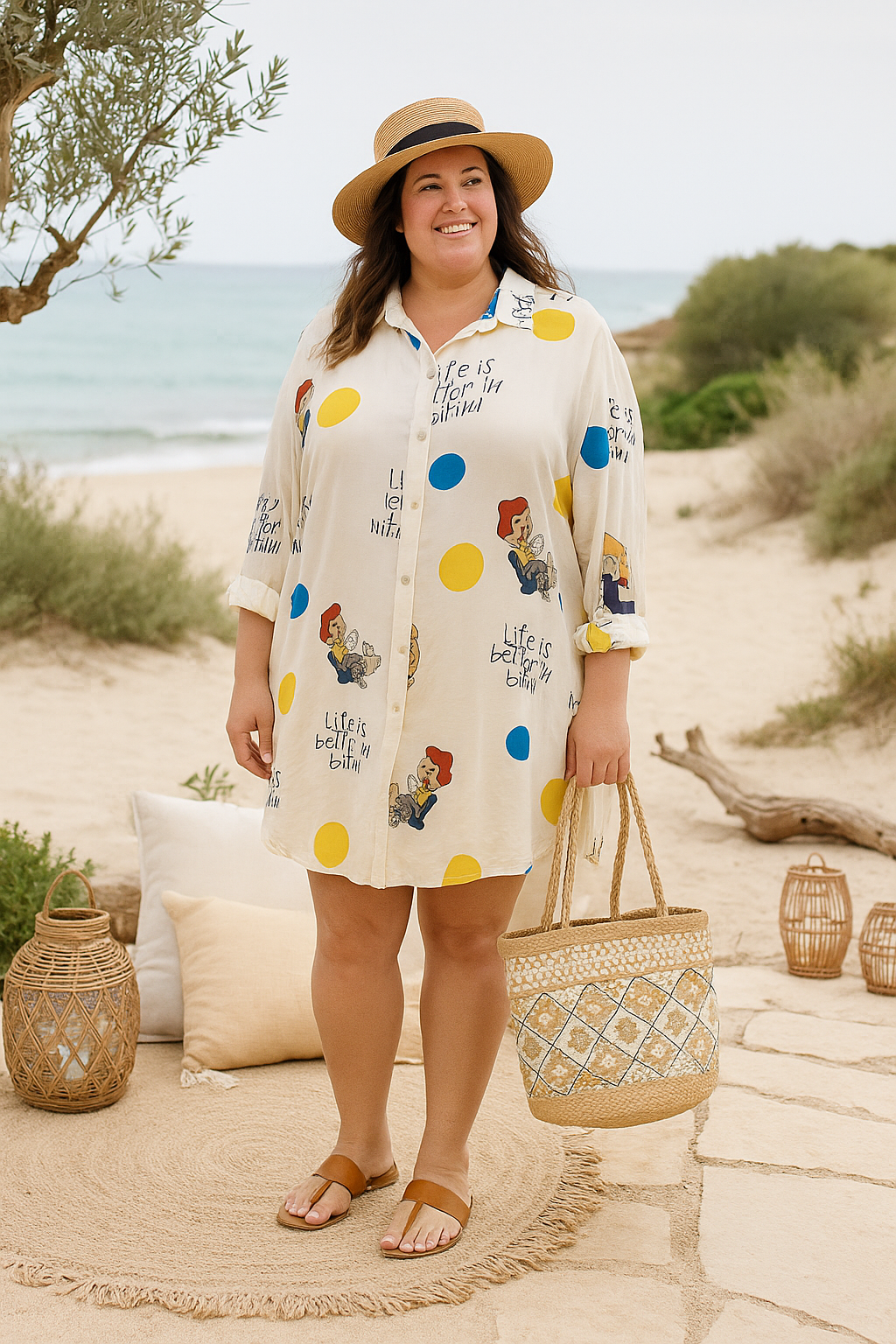 Robe chemise Bikini Vibes viscose écru imprimé Life is better in bikini