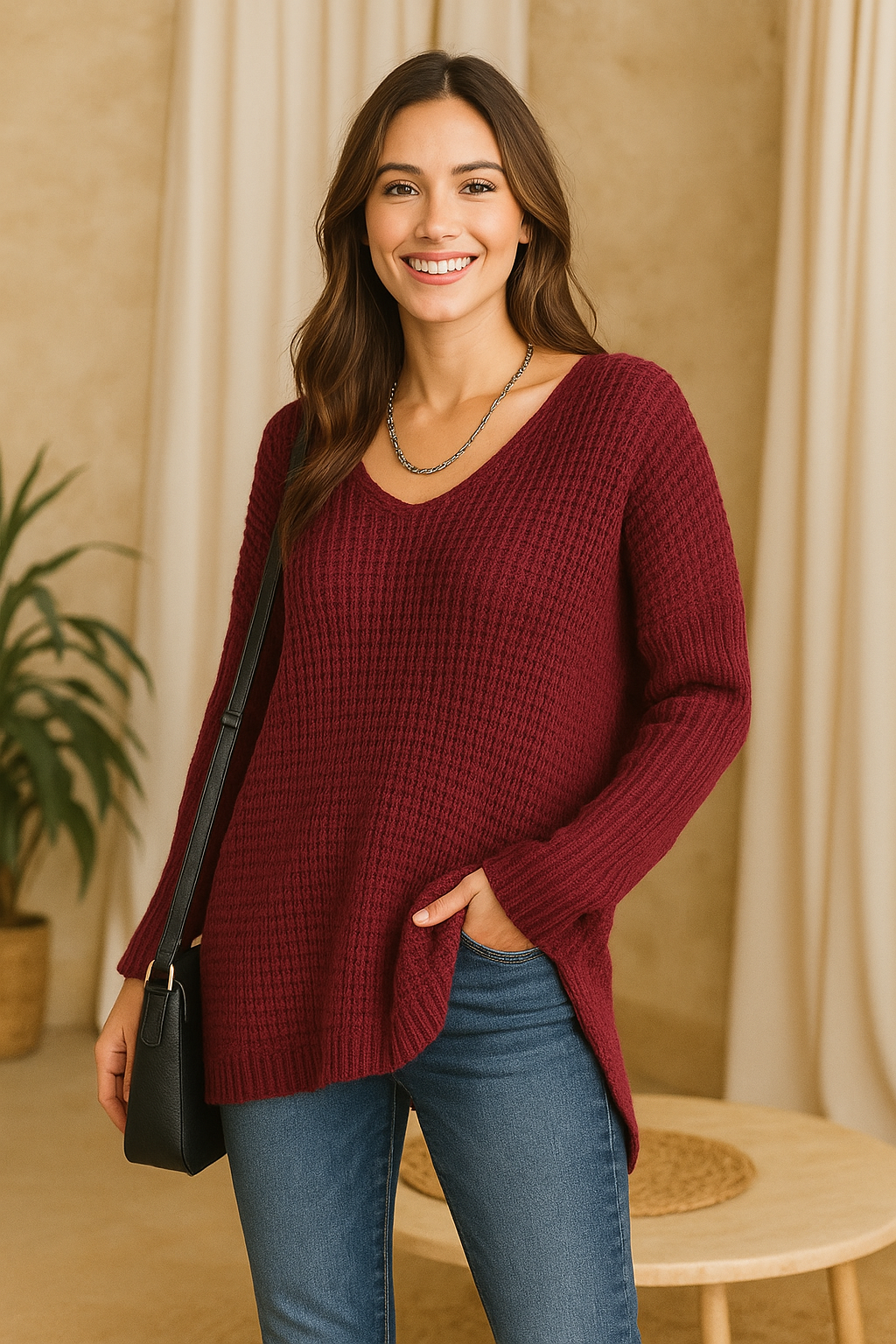 Pull Malone à grosses mailles bordeaux , disponible chez Mam's Ailes
