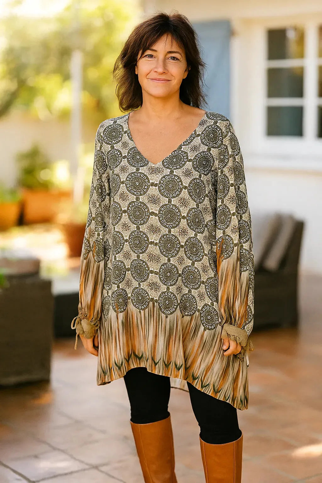 Tunique Giulia femme imprimé baroque kaki et doré, manches dorées, coupe fluide plus longue au dos
