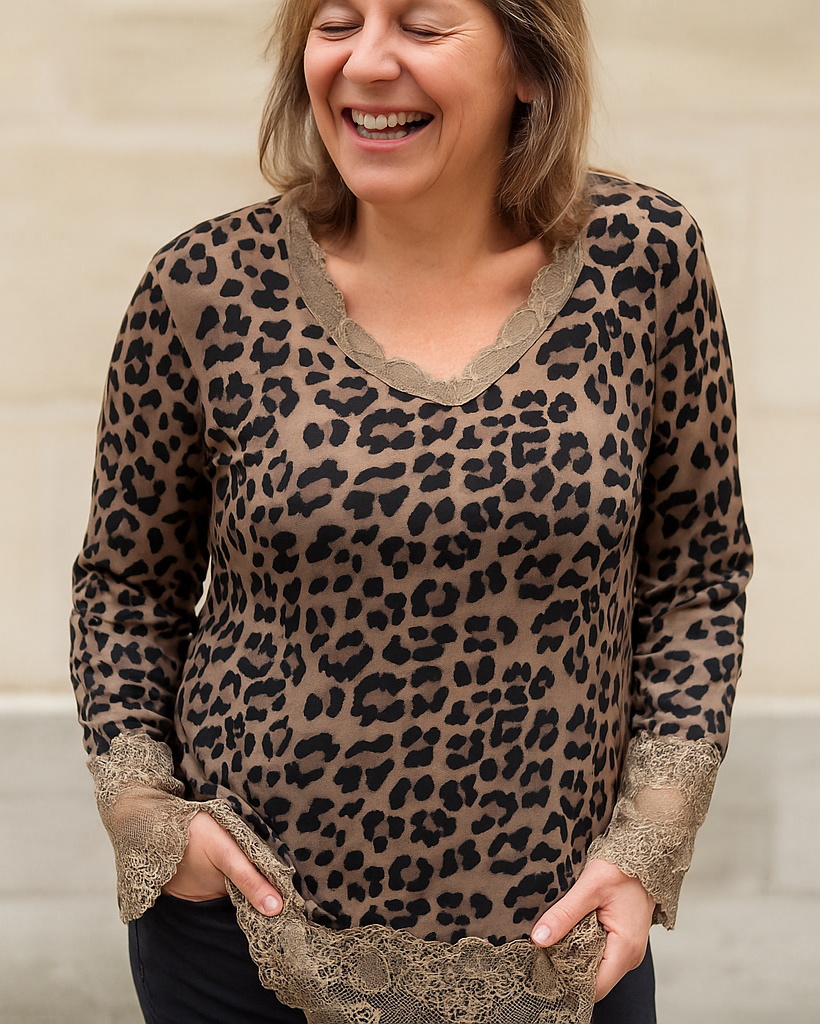 Haut léopard fond cemel avec dentelle camel