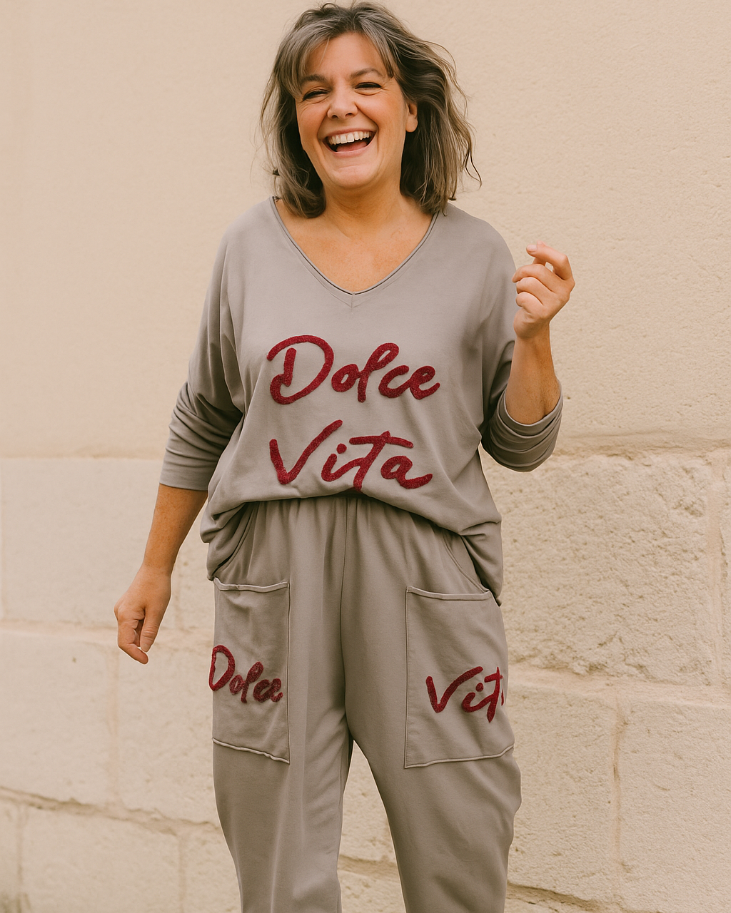 Haut Dolce Vita taupe – inscription fuchsia – Mam’sailes