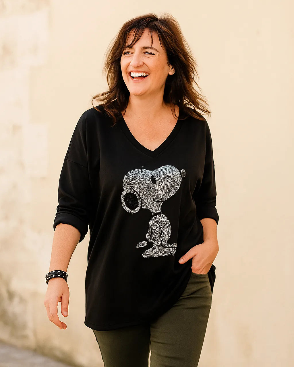 Tunique Shiny Pup noire oversize motif strass – Mam’s Ailes