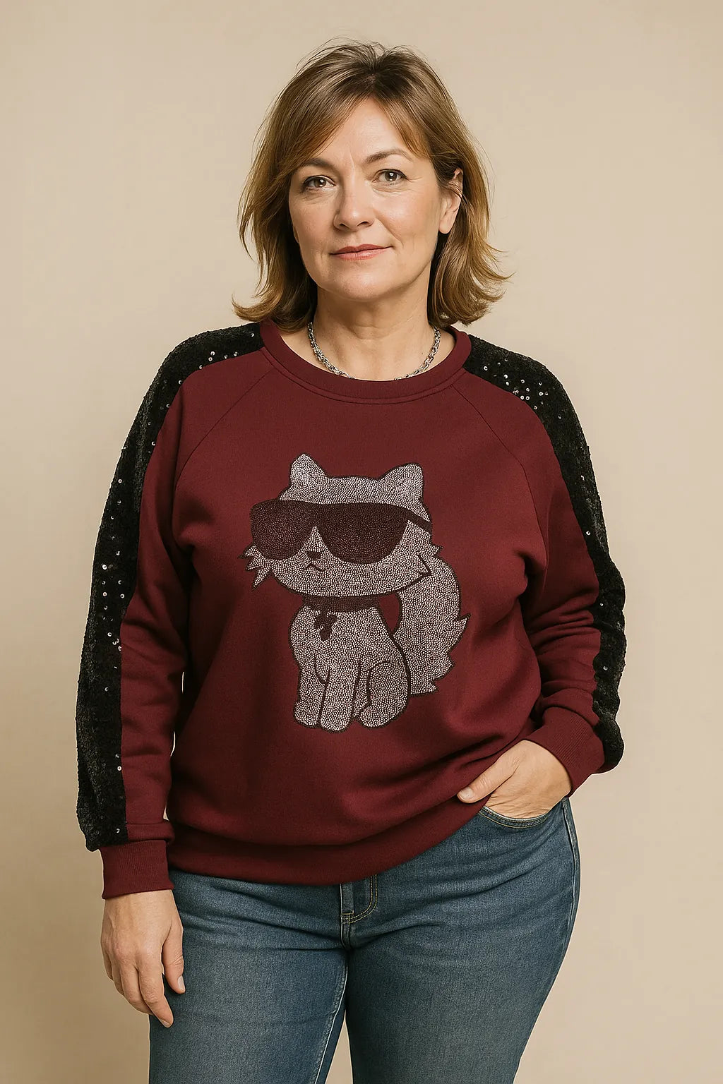 Sweat Catty Chic bordeaux avec illustration glitter – Mam’s Ailes