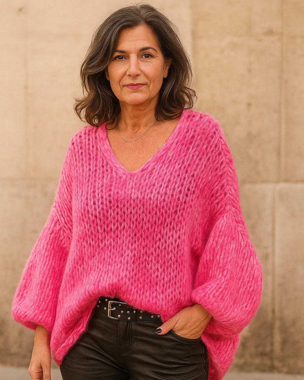 Pull Dolce Nuvola rose oversize maille ajourée – Mam’s Ailes
