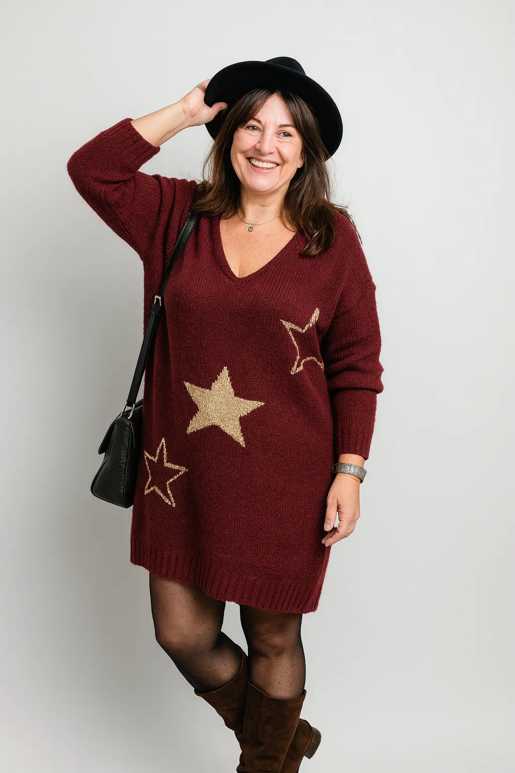 Pull long femme à capuche, motif étoiles, coupe oversize bordeaux