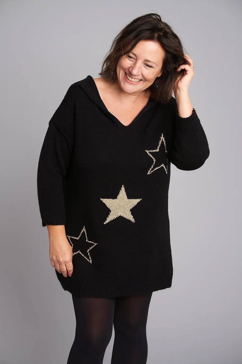 Pull long femme à capuche, motif étoiles, coupe oversize noir