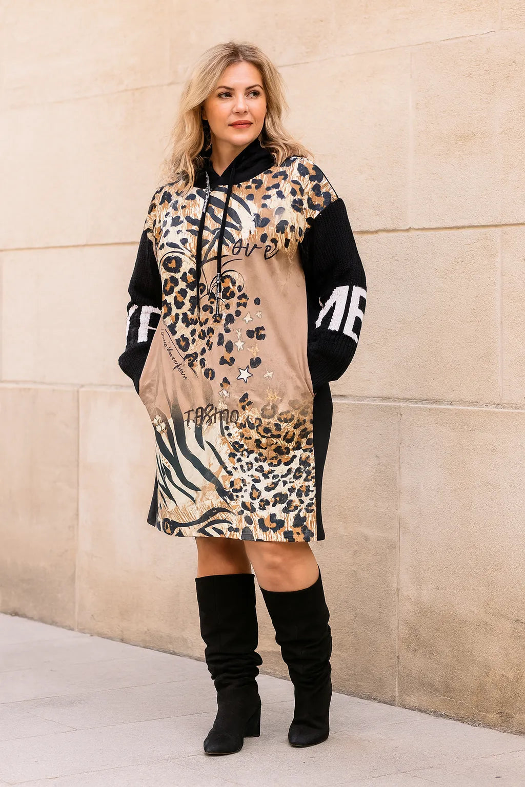 Robe Sweat Léopard Love – Manches Tricot, Capuche, Style Wild