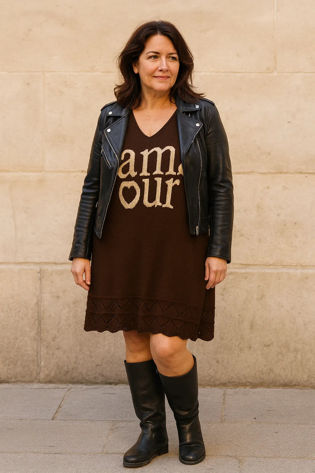 Robe pull AMOUR femme en maille, col V, coupe droite, coloris kaki, noir ou chocolat, longueur midi, style cosy chic