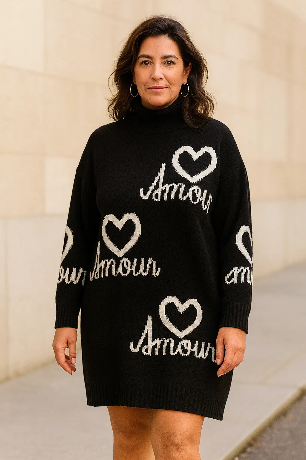 Robe pull col roulé femme noir motif amour