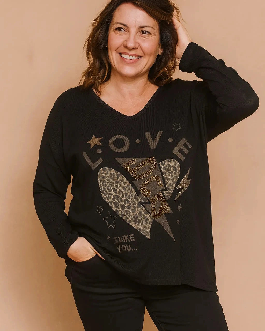 Pull femme cœur léopard made in Italy couleur noir