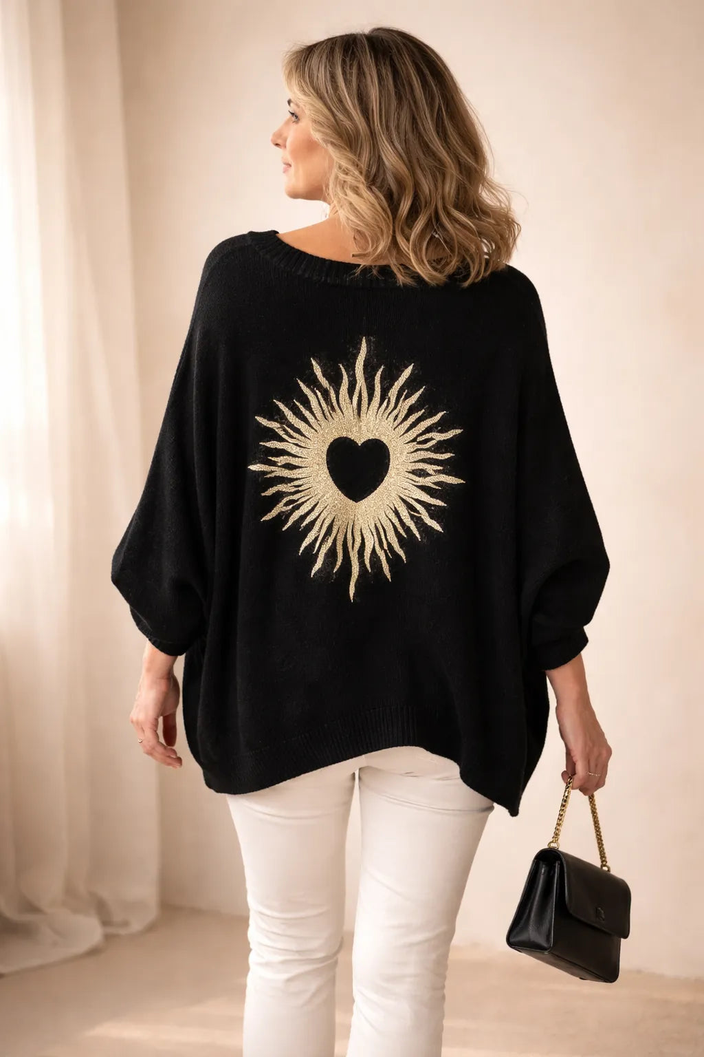 Pull Rayon d'Amour noir cœur solaire doré dos – Made in Italy 36-56


