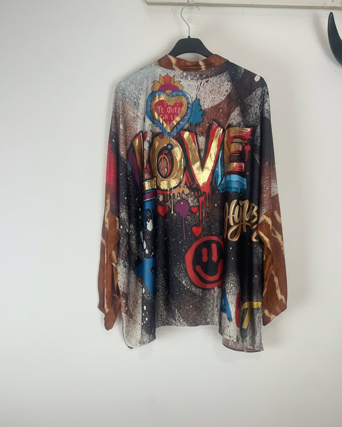 Blouse Love dos imprimé pop art Te quiero con lo smiley étoiles colorées