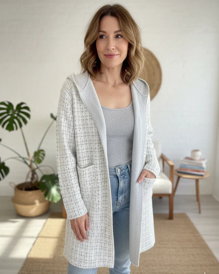  manteau blanc Élora, tombé fluide et finition scintillante subtile