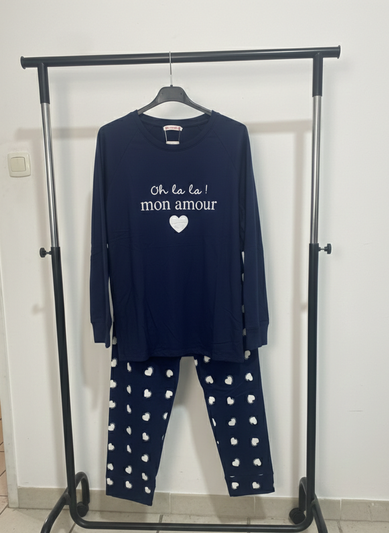 Pyjama Saint-Valentin marine inscription Oh lala mon amour cœurs pantalon"